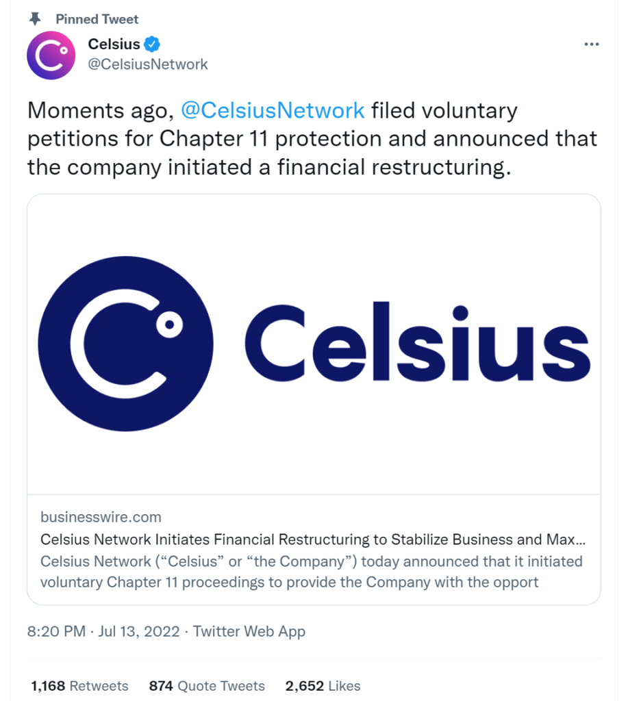 Celsius Announces Bankruptcy on Twitter