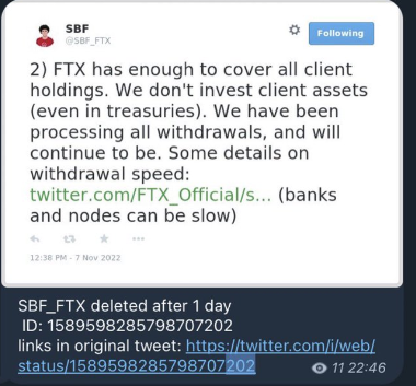 SBF ensured FTX had ample assets to cover all withdrawal requests in a now deleted tweet.